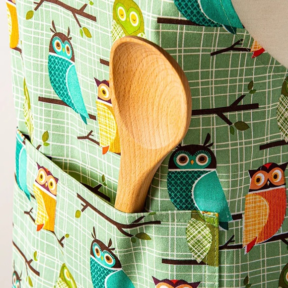 Cute Owl Apron, Green, Orange, Aqua, with Pocket - Picture 5 of 6